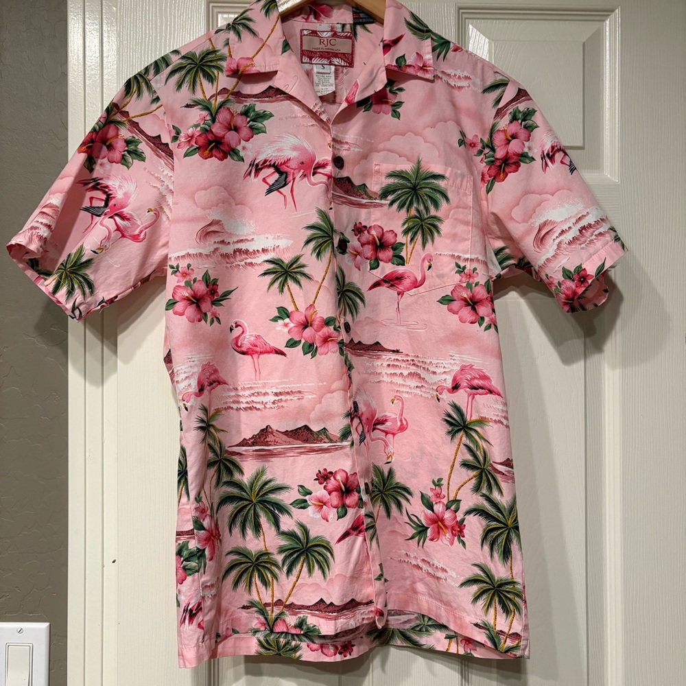 RJC Genuine Hawaiian Shirt Size Small 100% Cotton Made in USA Pink Flamingo
